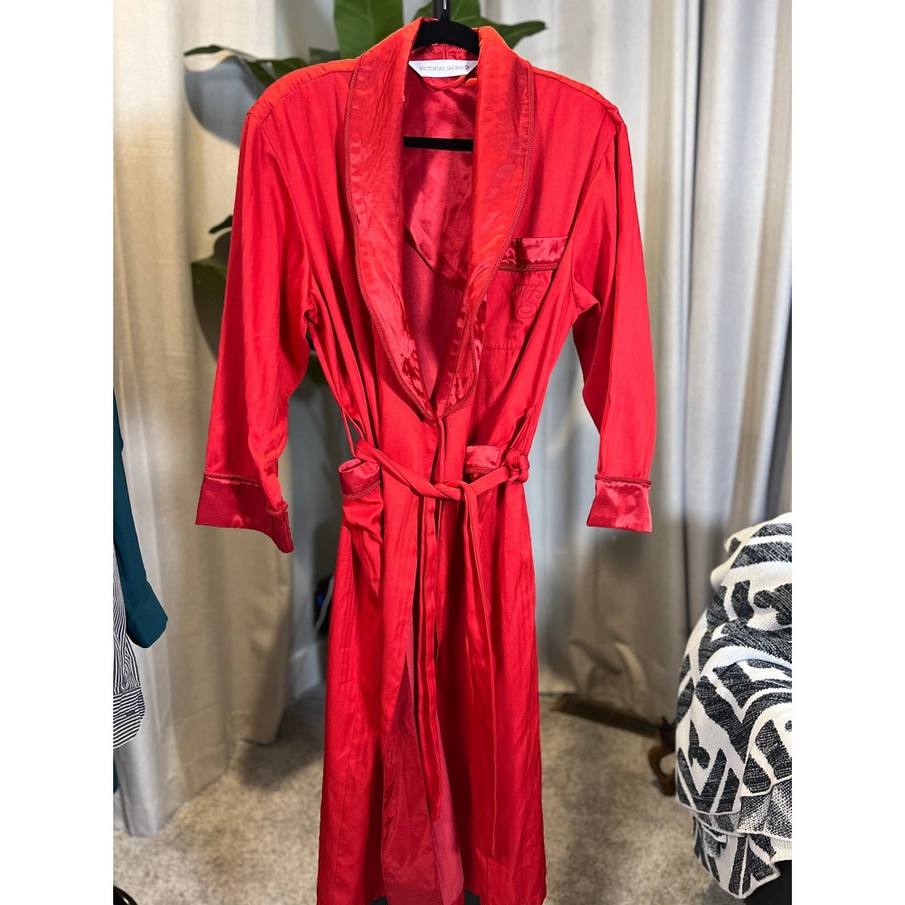 Victorias Secret Red Satin Herringbone Robe Long Shawl Collar Monogrammed